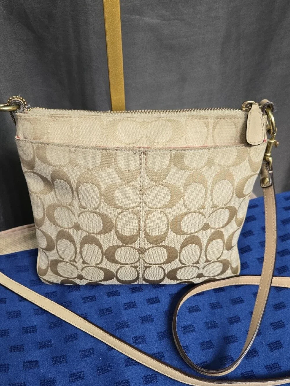 Coach Beige Canvas Signature Crossbody with Tan Leather Trim